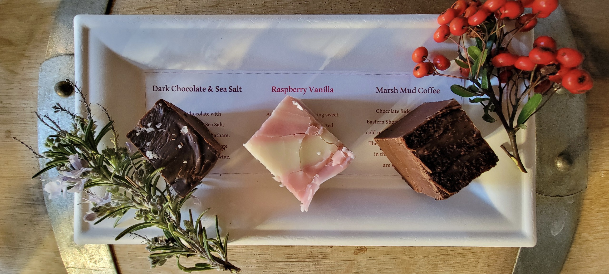 Three types of fudge on a plate as part of Chatham Vineyard's flight