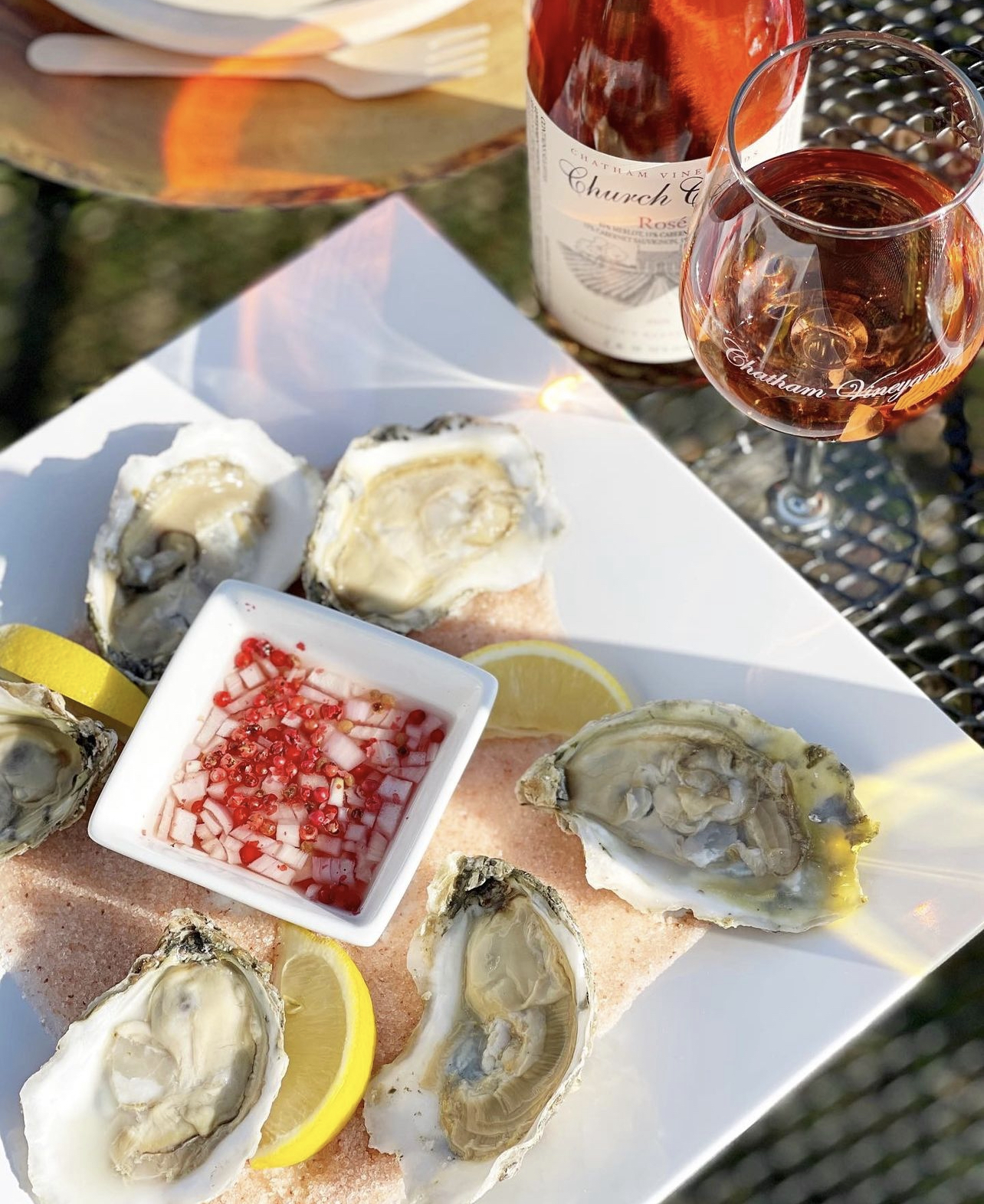 A plate of mignonette made with Chatham Vineyards wine