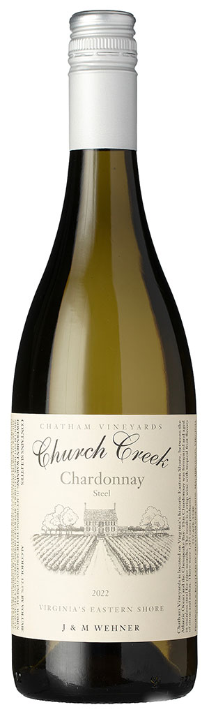 A bottle of Church Creek Chardonnay Steel 2022 wine from Chatham Vineyards. 