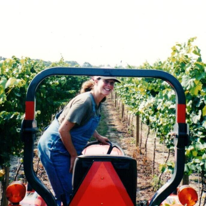 A young woman rides a tractor through the vines at Chatham Vineyards